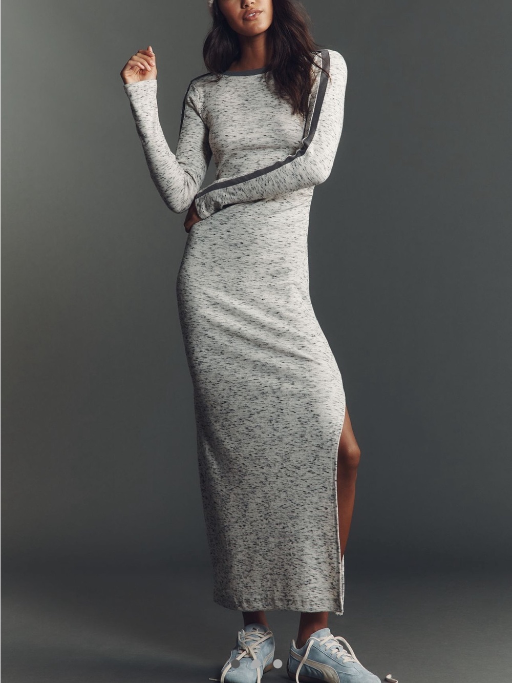 Anthropologie Heathered Gray Long-Sleeve Maxi Dress with Side Slit